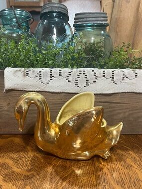 Vintage gold swan planter decor cottage core grandma core